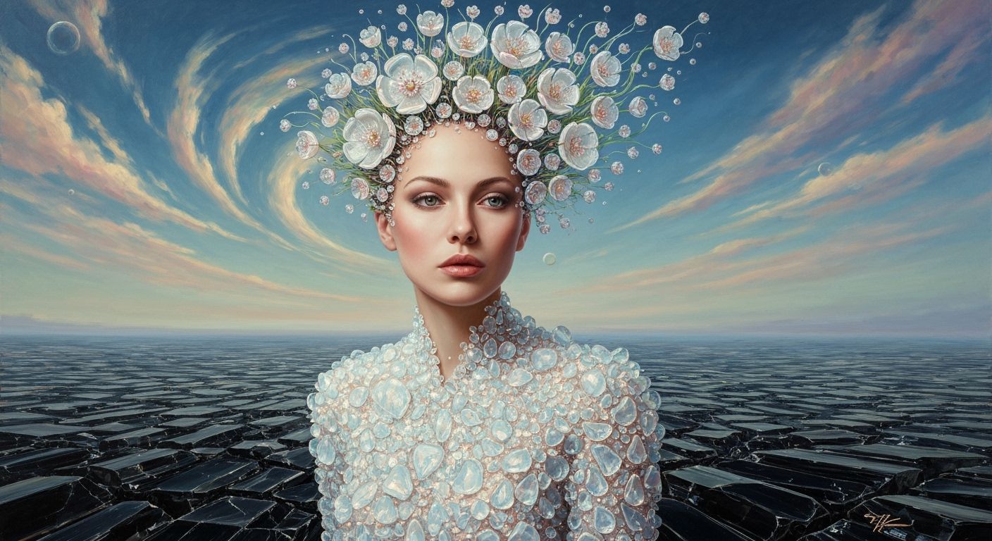 Surreal Woman With Glass Flower Hair in Dreamlike Landscape