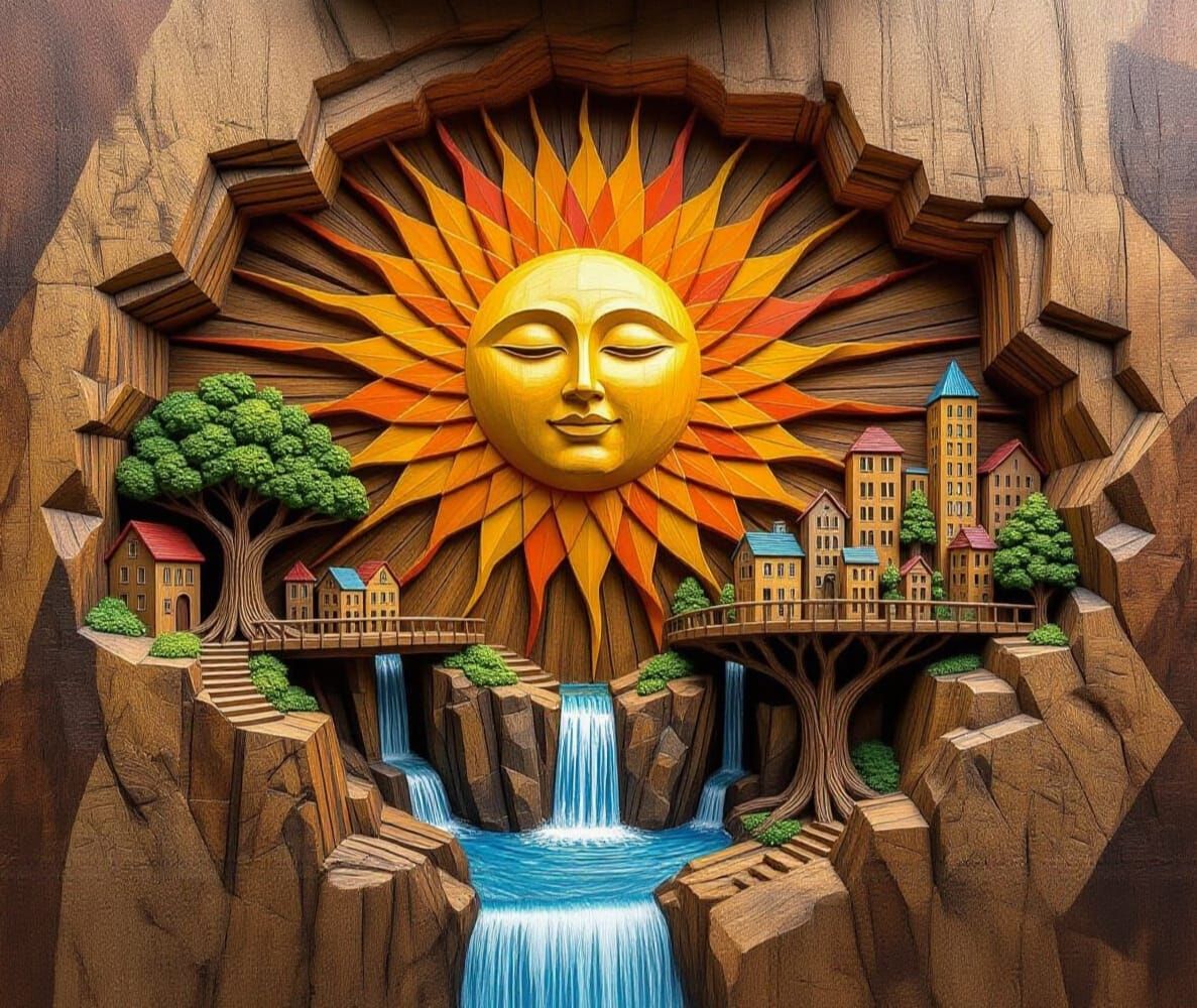 Wooden Carving of a Geopunk Tree City With Sun