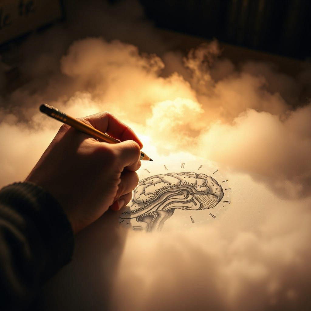 Intimate Desk Scene in the Clouds, Hand-Drawn with Hyperreal...