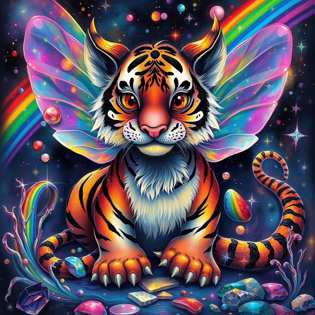 Whimsical Fairy Dragon Tiger in a Kaleidoscope of Prismatic....