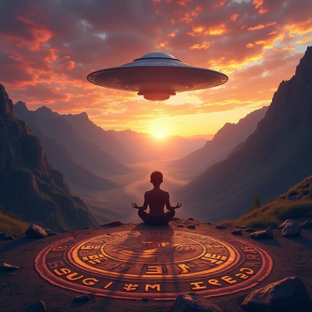 Levitating Figure Above Mountains with UFO, Digital Art