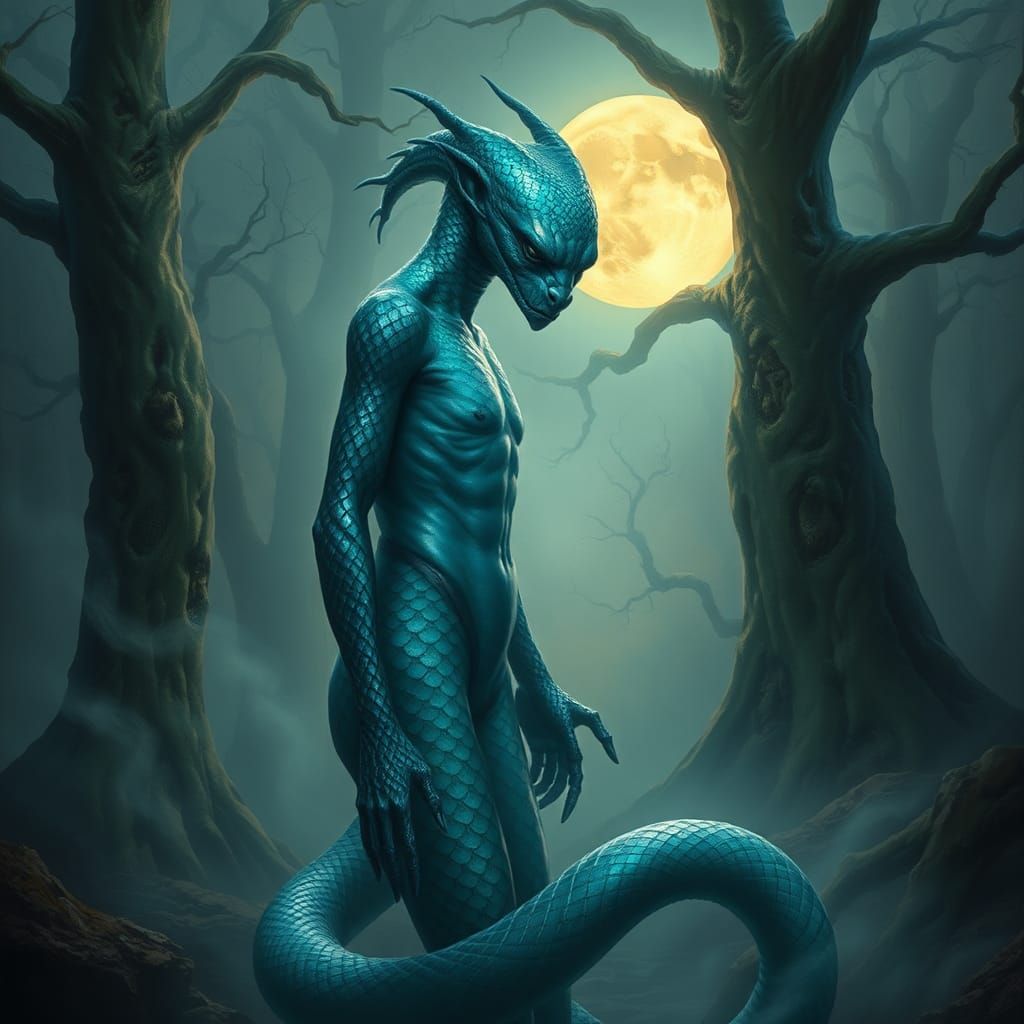 Mystical Humanoid Serpent in Surreal Forest