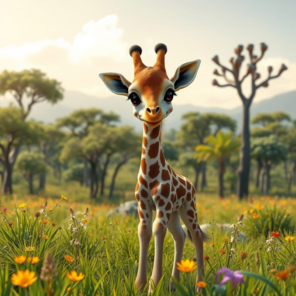 Lush Savanna Landscape with Curious Baby Giraffe