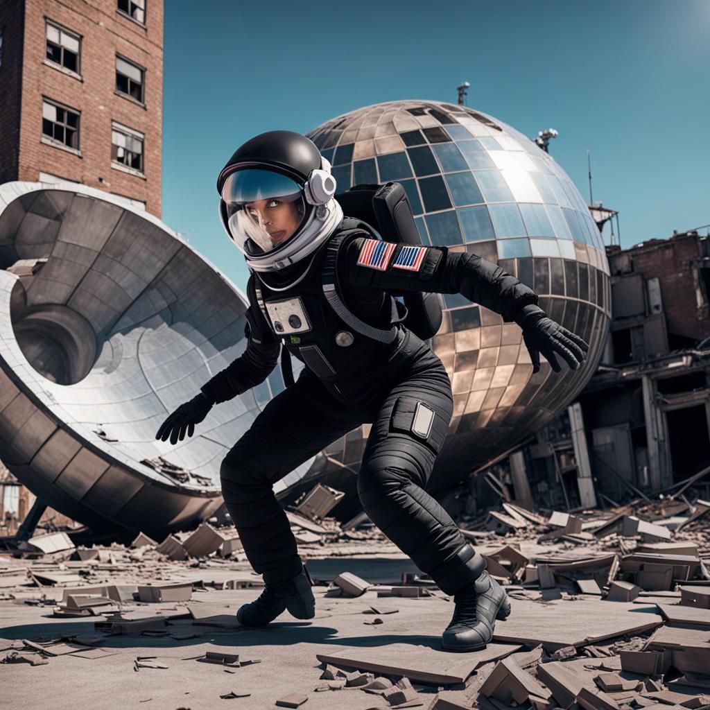 Astronaut Twerking in Abandoned City: Photorealistic Image