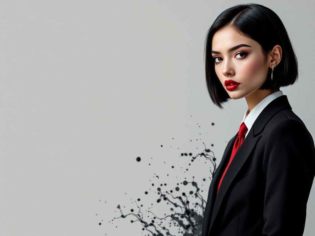 Ethereal High-Fashion Portrait with Red Tie and Intense Gaze