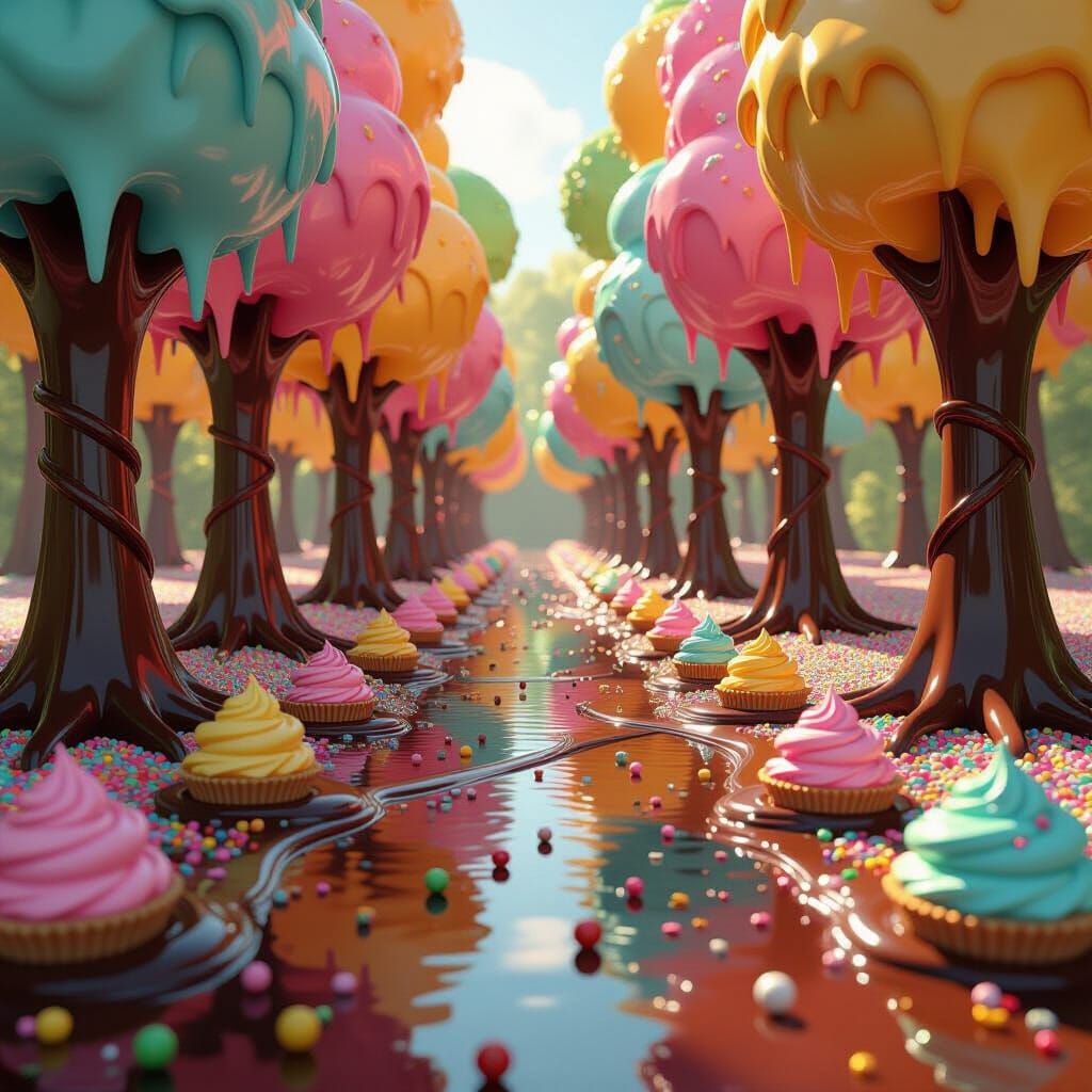 Whimsical Ice Cream Forest Landscape in Digital Matte Painti...