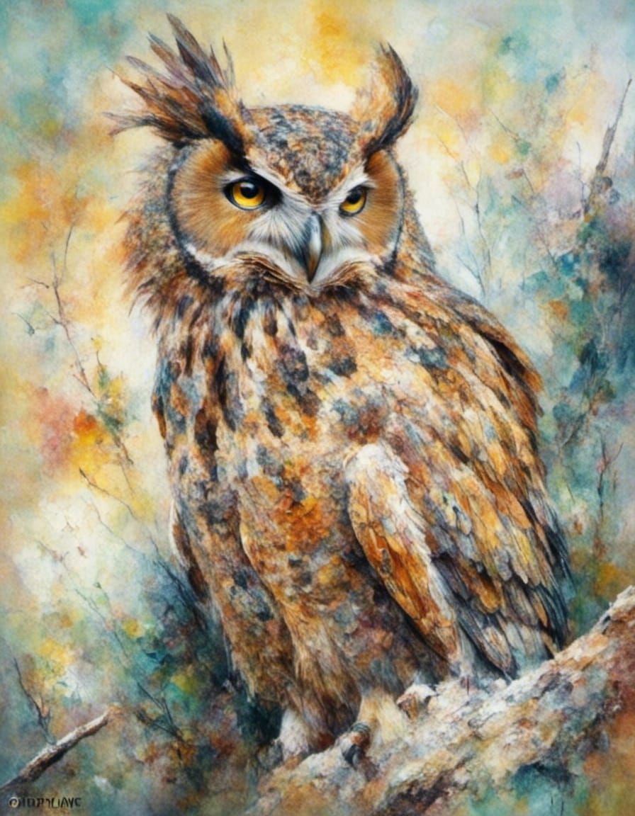 Colorful Owl in Flight as Oil Painting