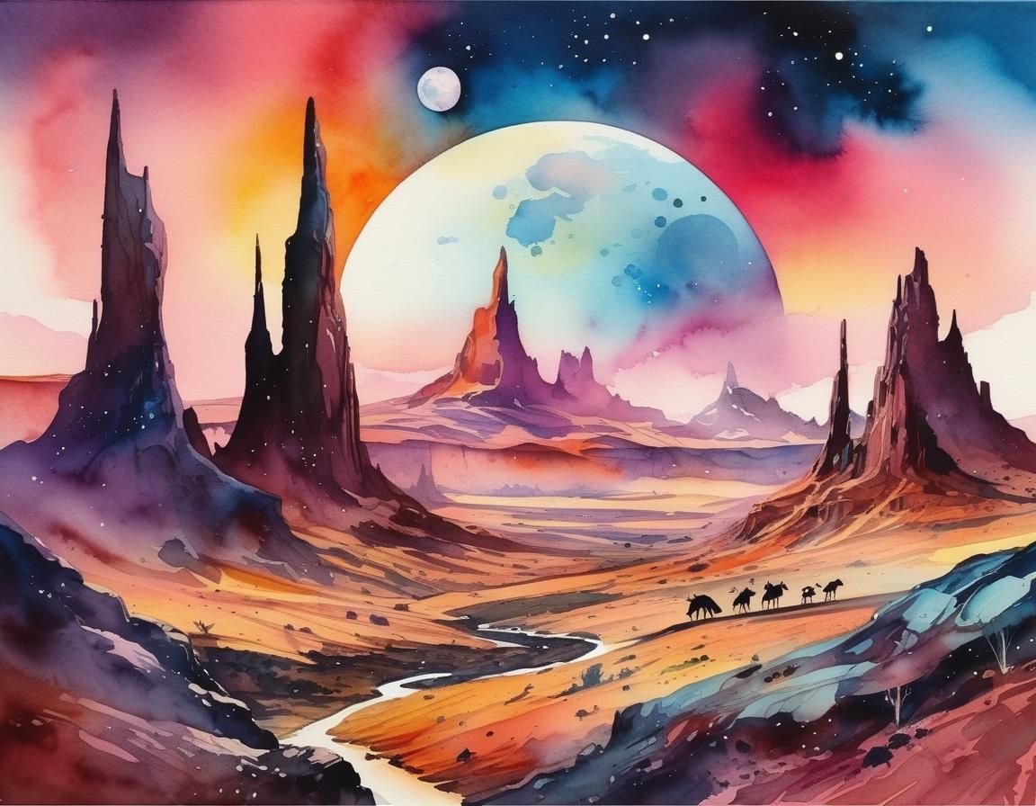 Watercolor Alien Landscape with Extreme Buttes