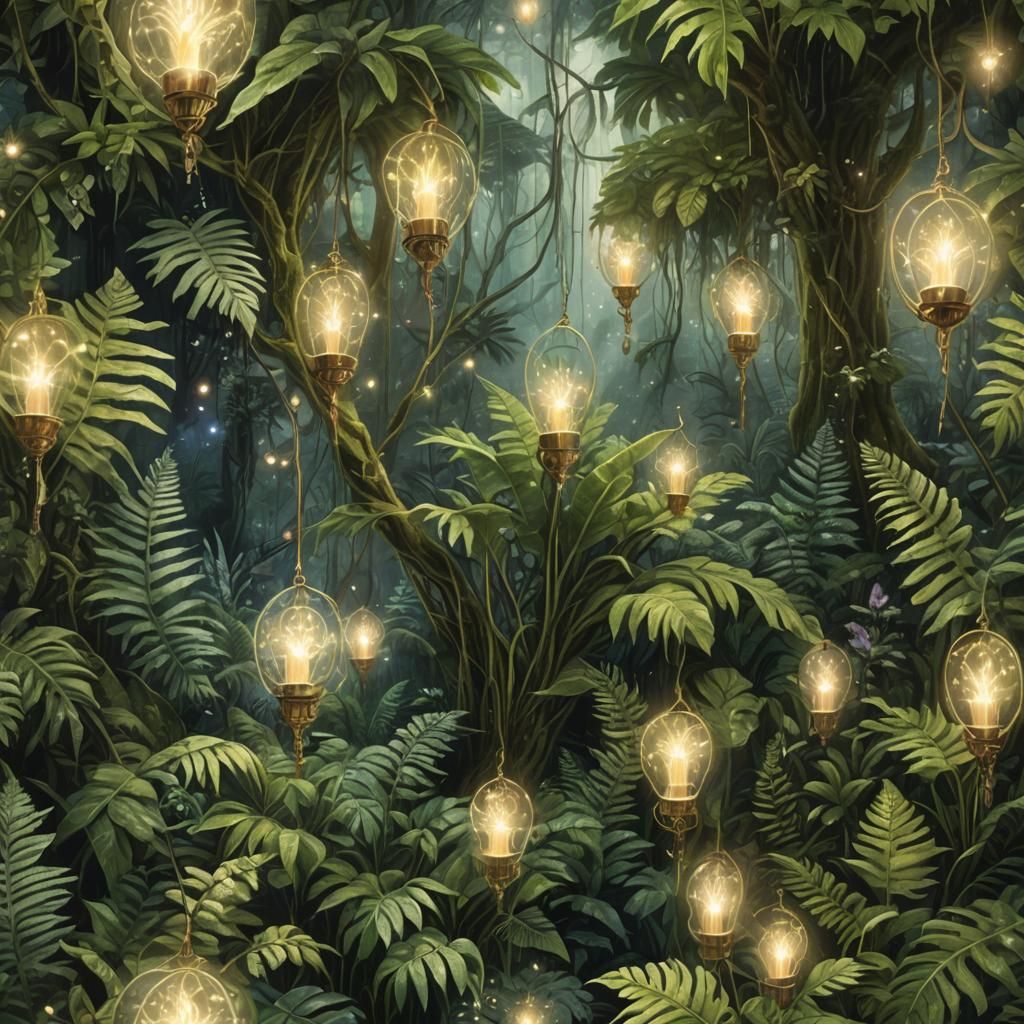 Mystical Rainforest with Giant Ferns and Sparkling Lights