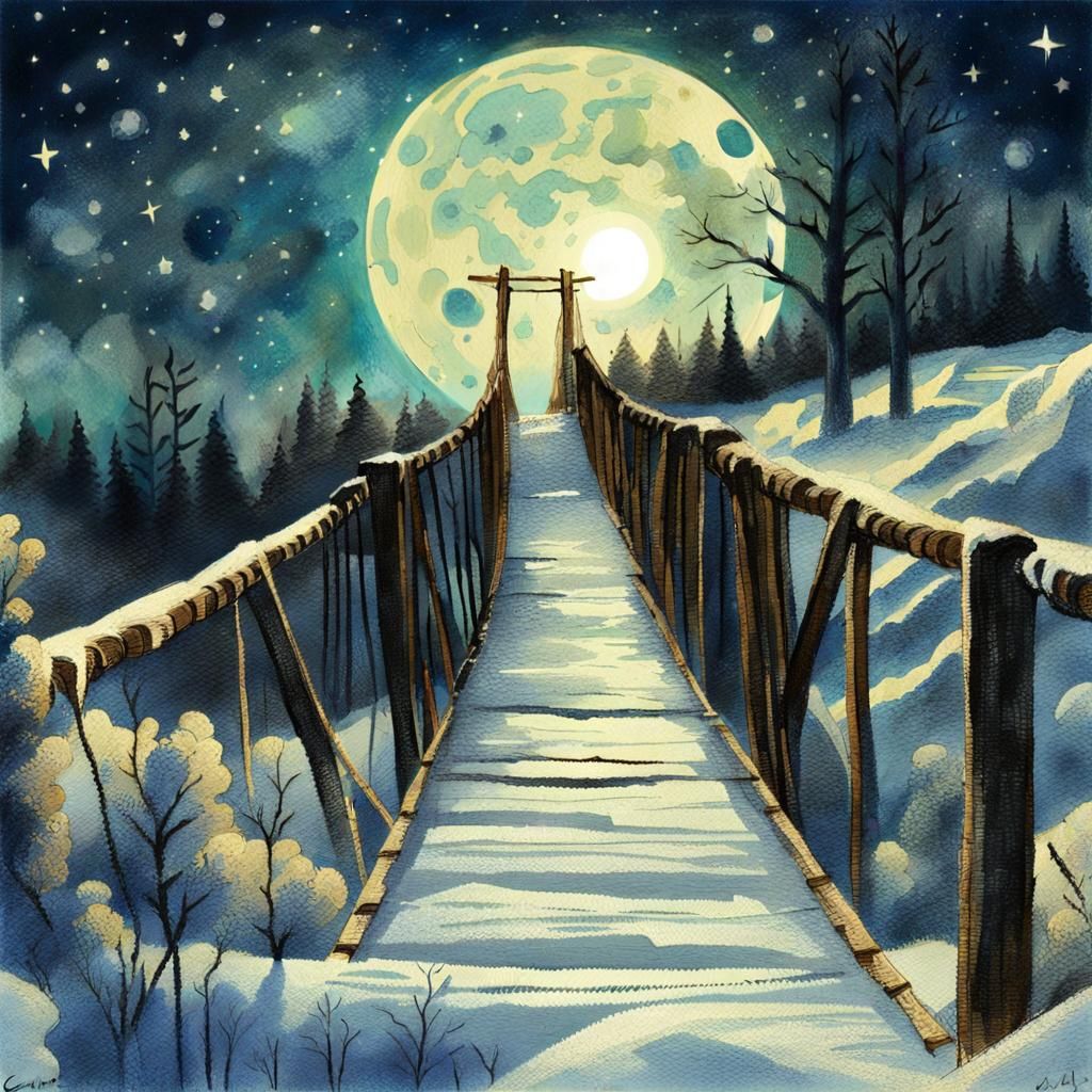 Ethereal Rope Bridge at Night: Hyperrealistic Digital Art