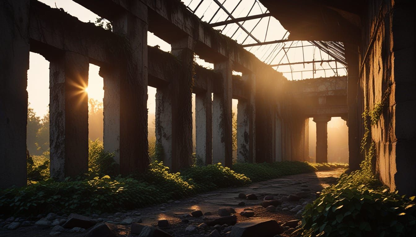 Dystopian Ruins Emerge from Industrial Decay in Golden Hour