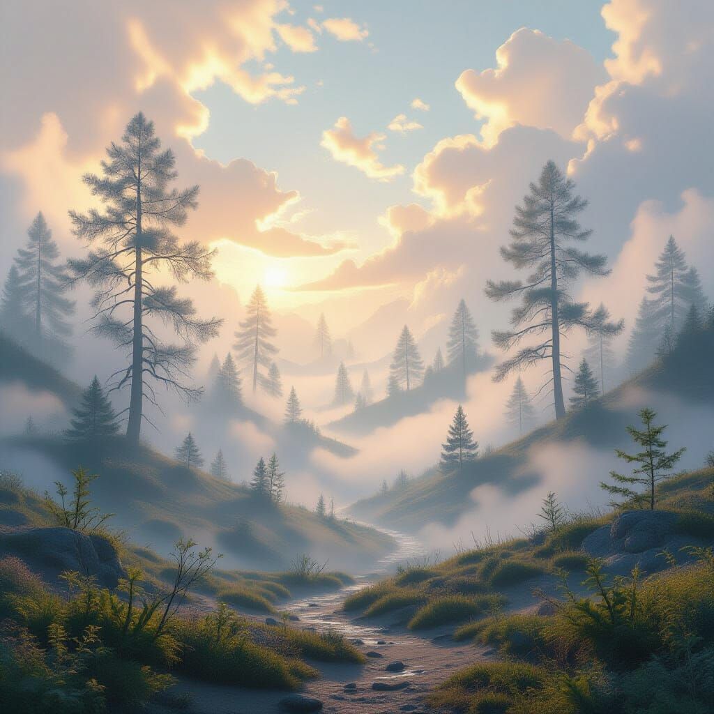 Surreal Fog Landscape with Ethereal Structures and Cosmic Hi...