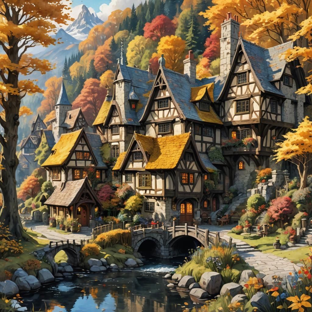 Fairytale Cottage Inn in High Gothic Watercolor Style