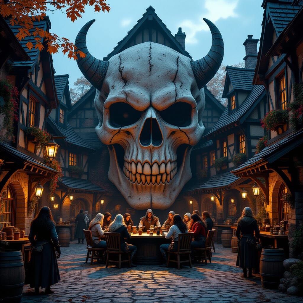 Fantasy Tavern Centered on Troll Skull in Autumn Dusk