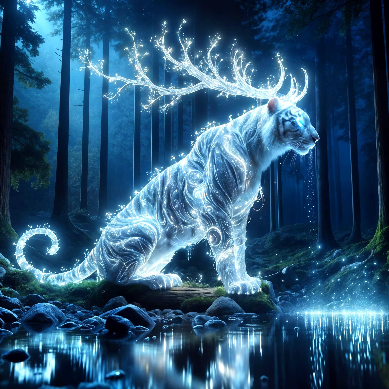 Ethereal White Tiger Drinking in Enchanted Forest