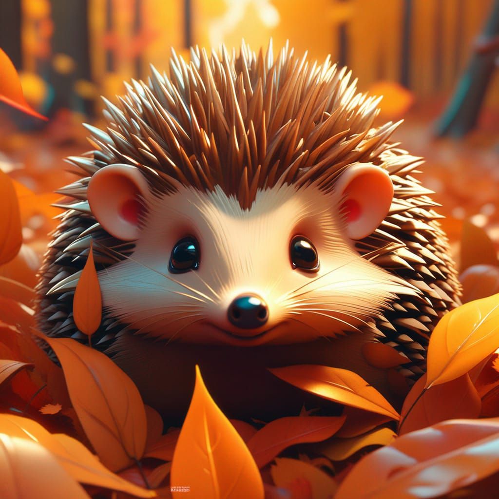 Chibi Kawaii Hedgehog Close-up with Autumn Leaves