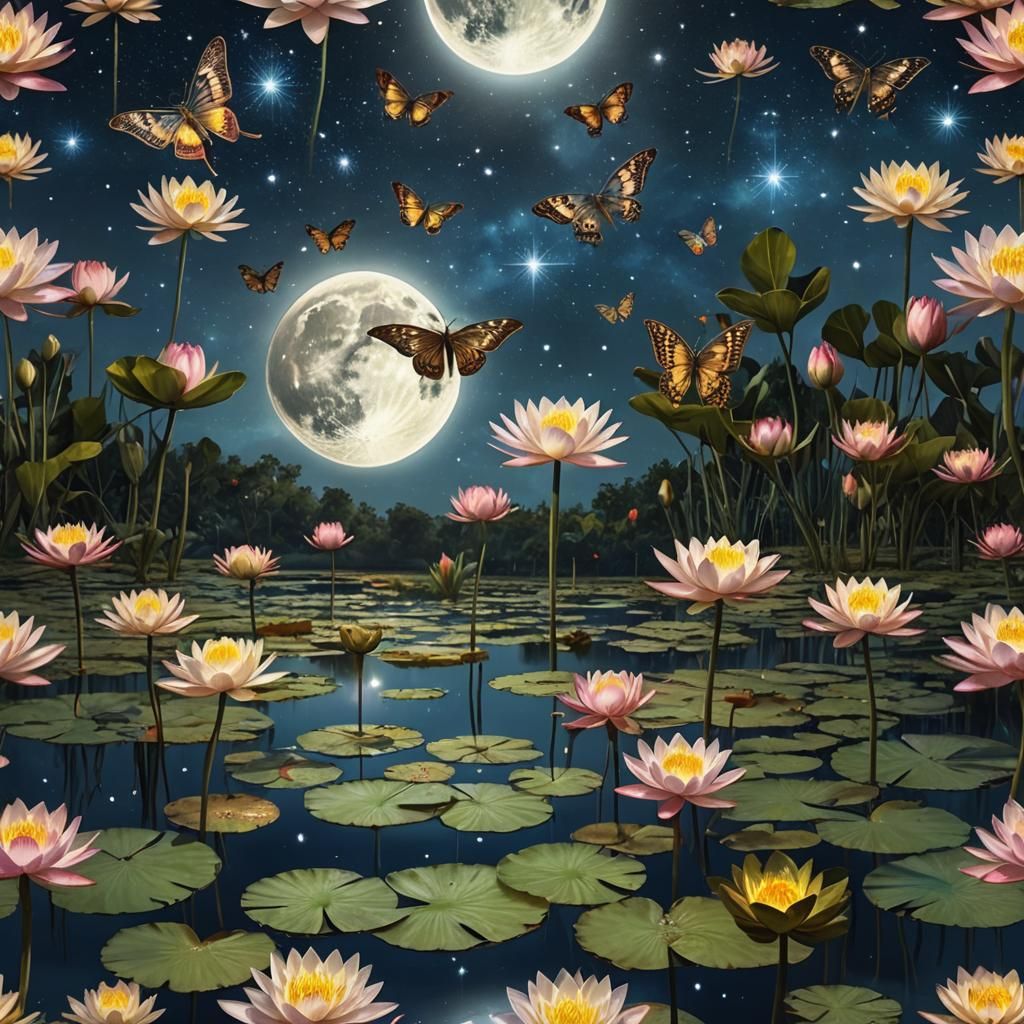 Magical Midnight Moonlit Pond with Moon Moth