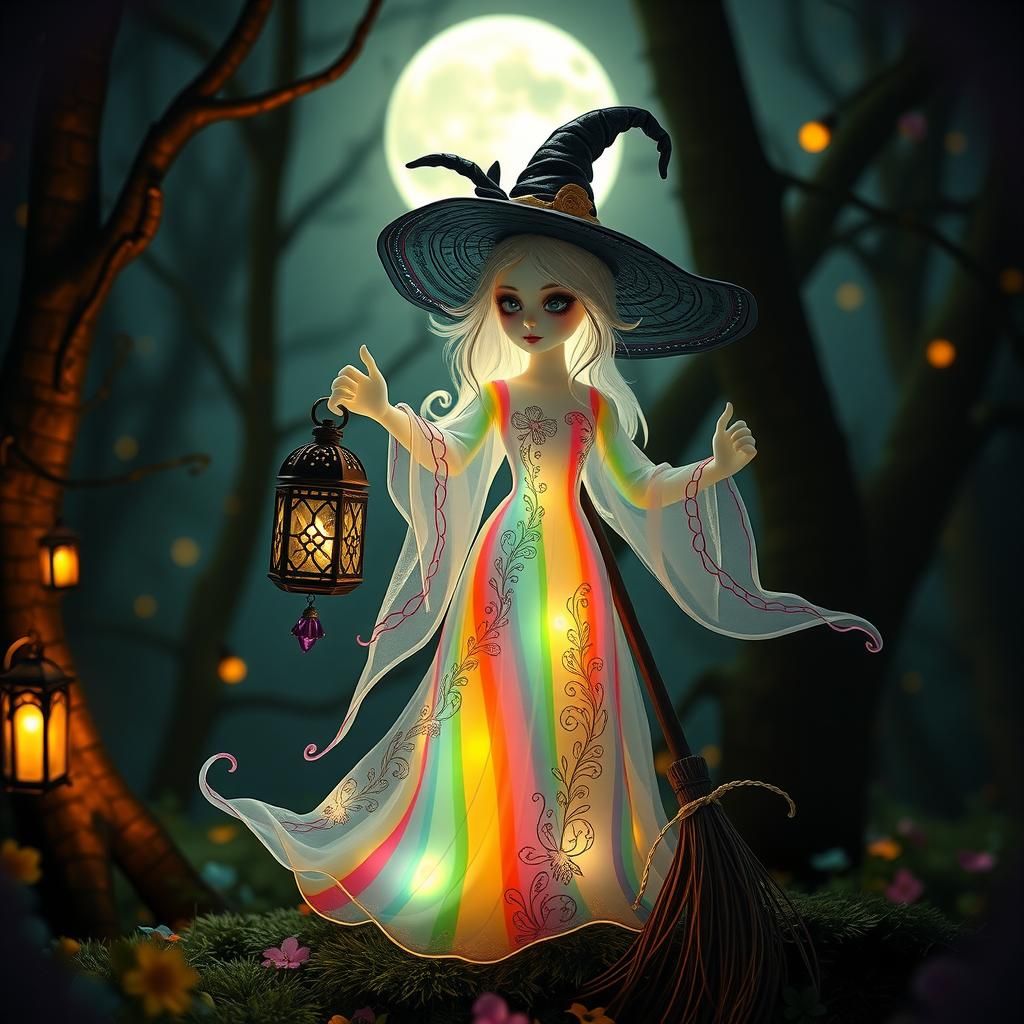 Luminous Rainbow Witch in Enchanted Forest