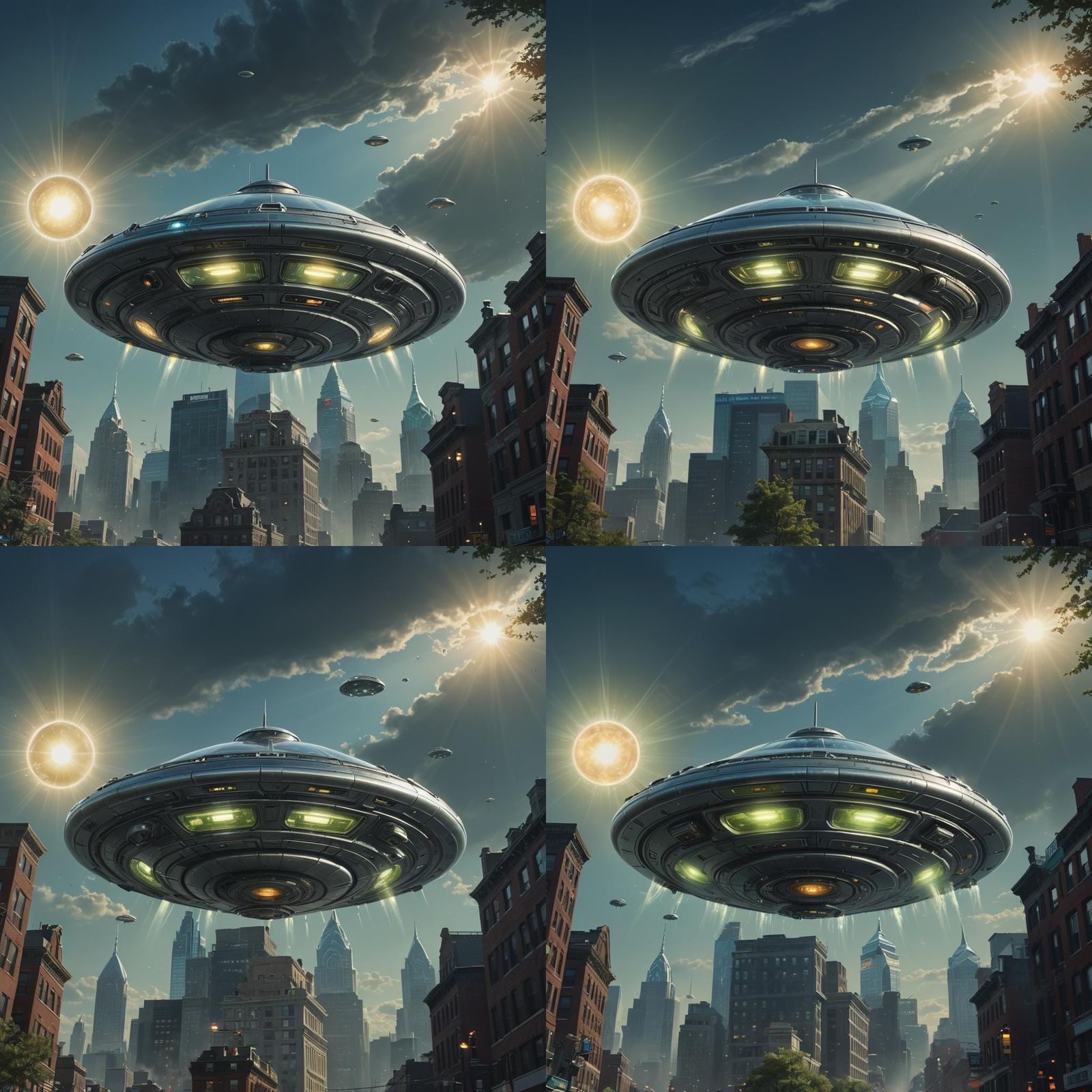 Flying Saucer over Philadelphia: Hyperrealistic Splash Art