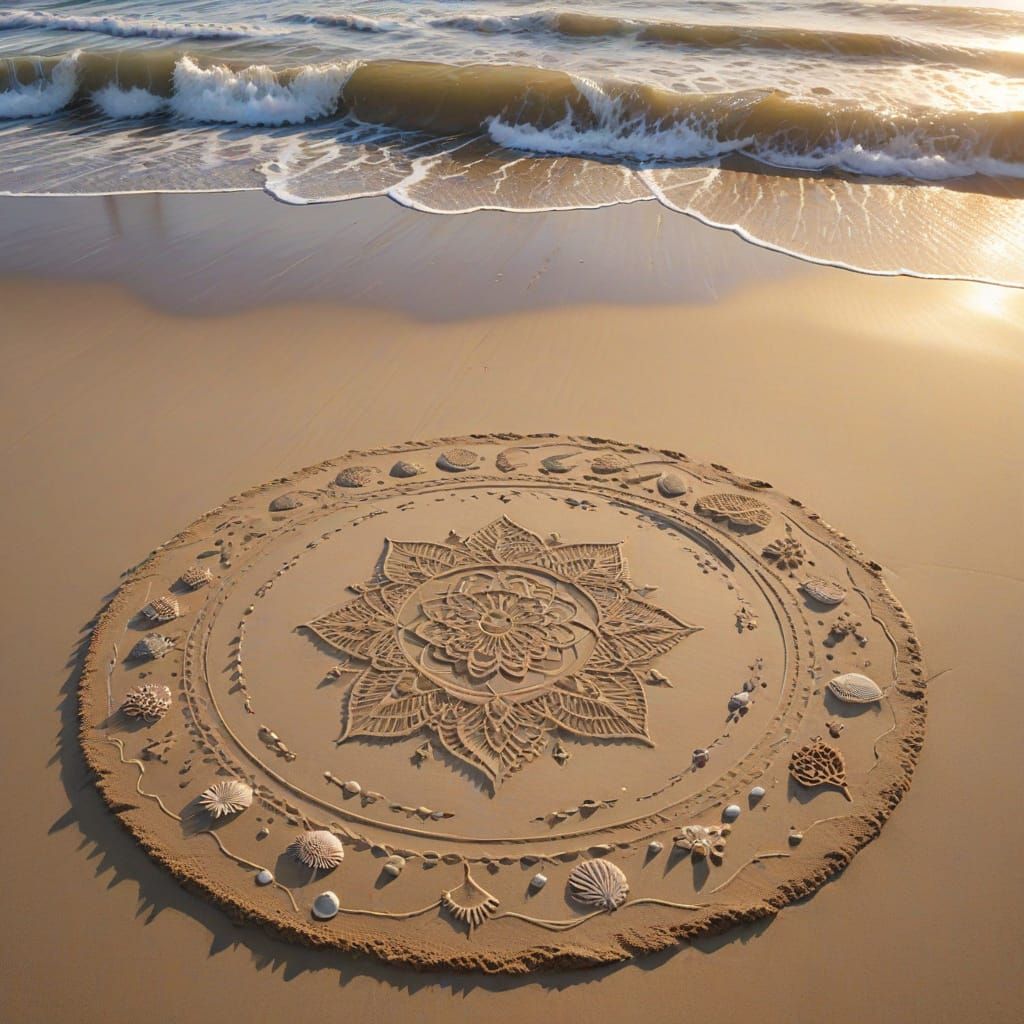 Intricate Sand Mandala Art on Golden Beach at Sunset