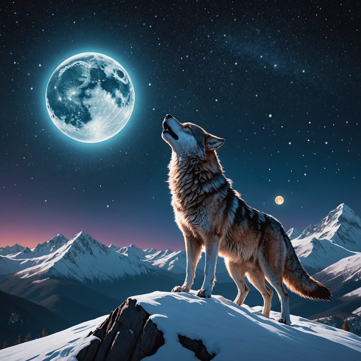 Wolf Howling at Moon, Cosmic Illustration