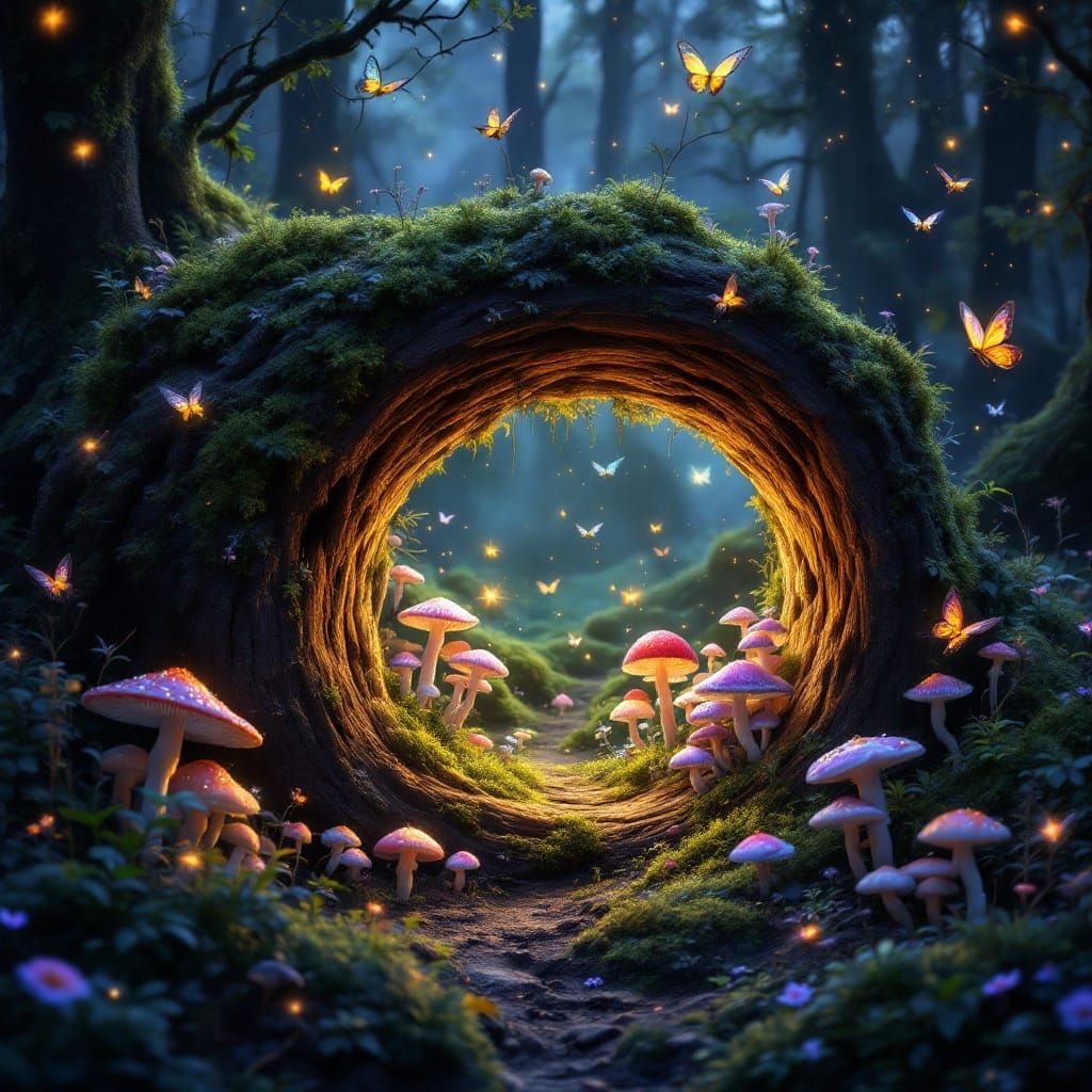 Mystical Night Forest Portal with Golden Glow
