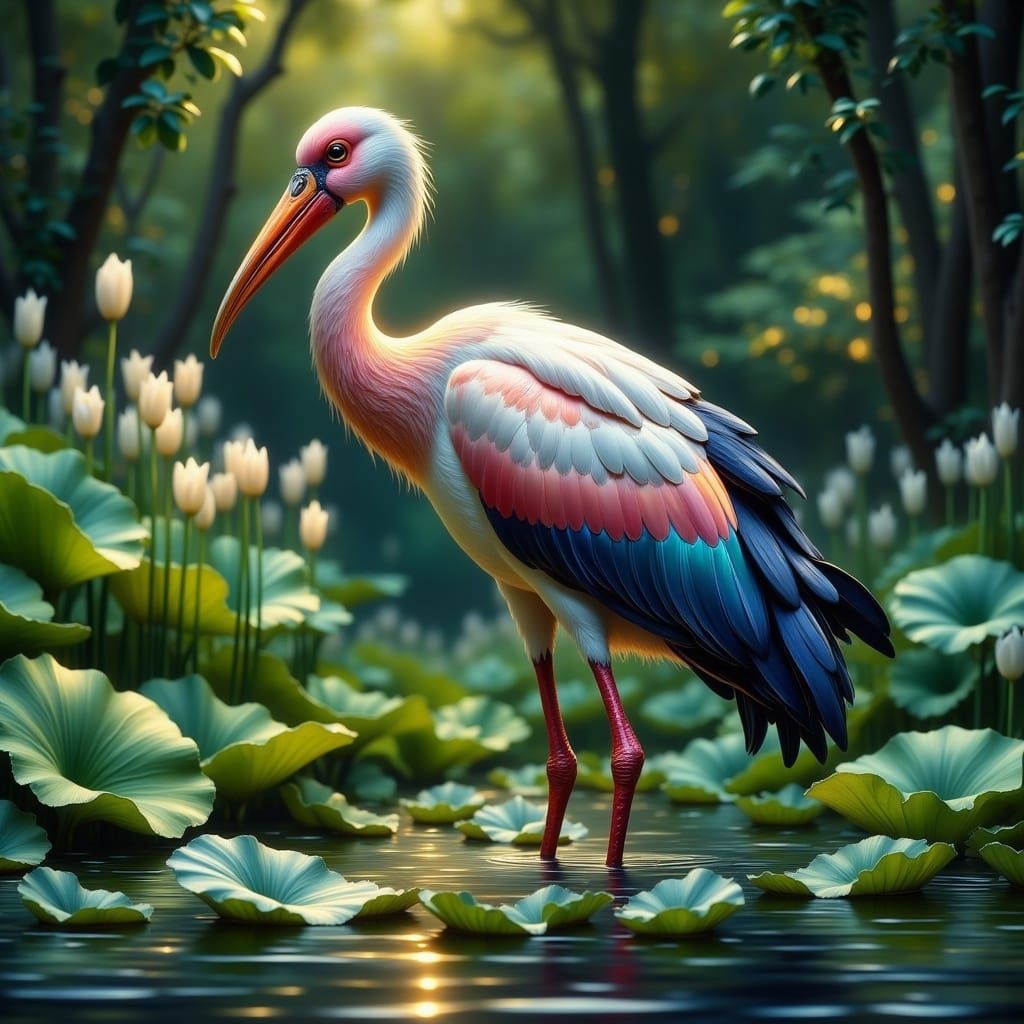 Stork with Iridescent Feathers in a Lush Pond