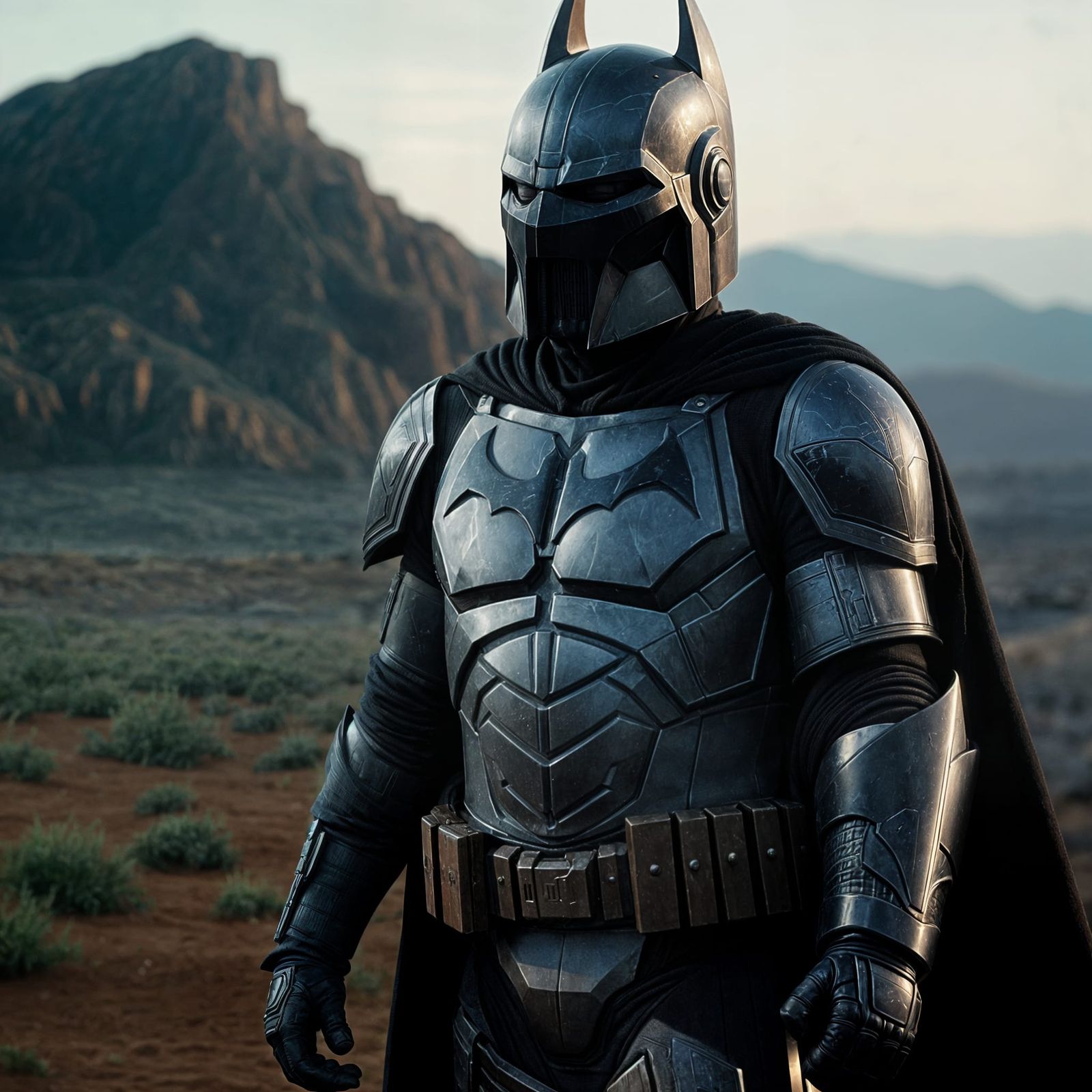 Batman in Weathered Mandalorian Armor