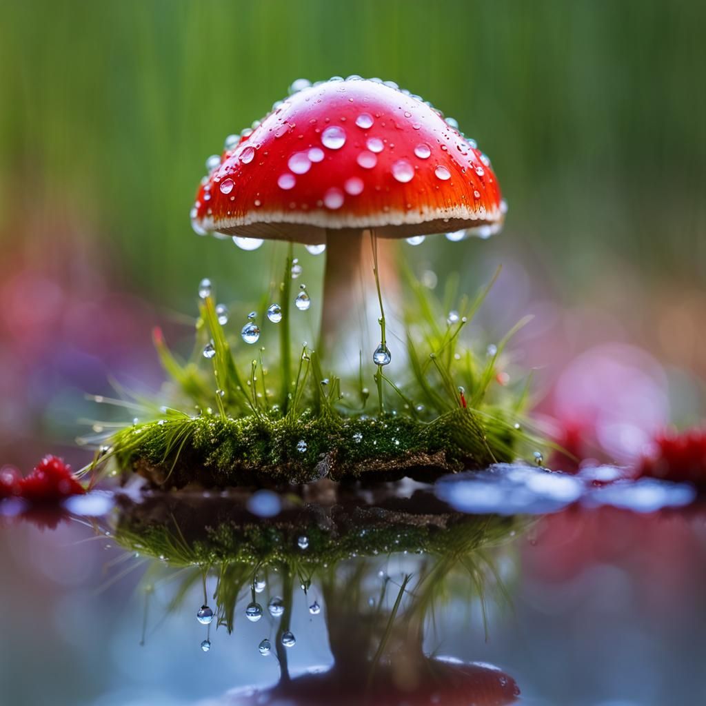 Fairies in Dewdrops on Toadstool, Macro Photography