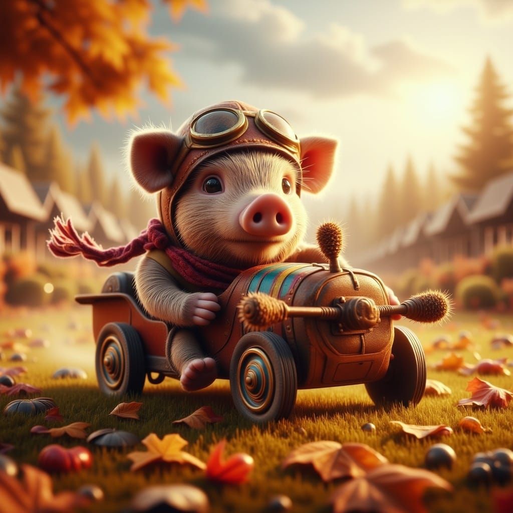 Adorable Piglet Aviator in Cardboard Car, Hyperrealism