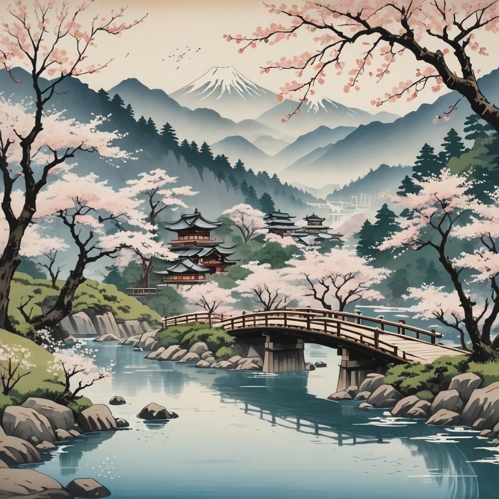 Japanese Cherry Blossom River in Ukiyo-e Style