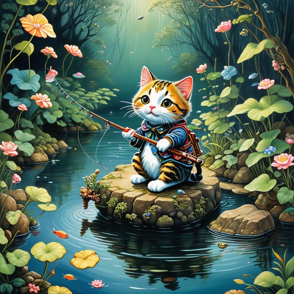 Chibi Cat Fishing in Quaint Acrylic Painting