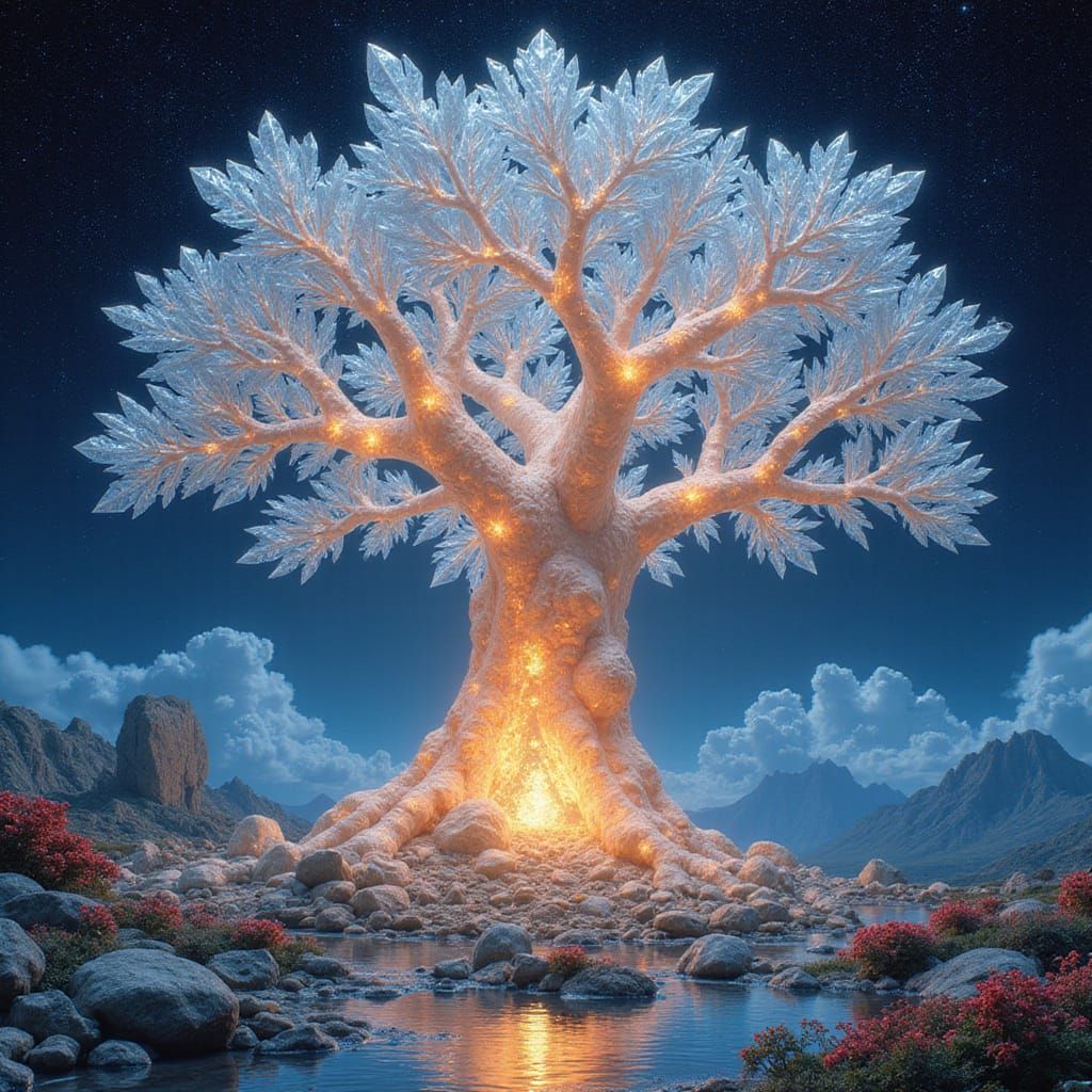 Majestic Crystal Tree with Inner Fire Illumination