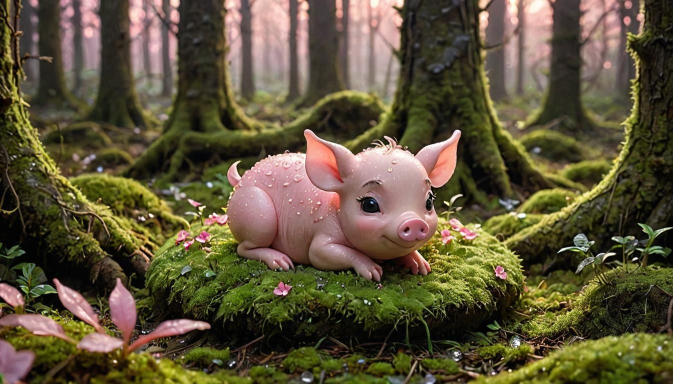 Luminous Chibi Piglet in Dew-Kissed Forest