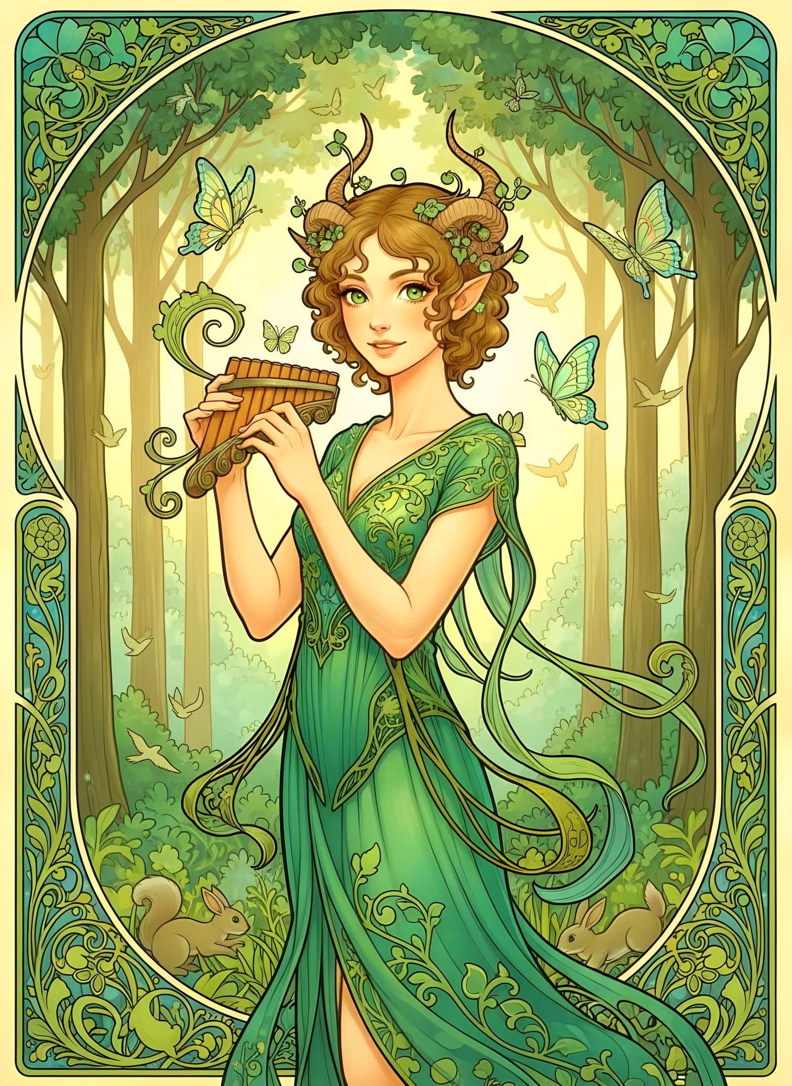 Art Nouveau Faun Playing Panpipes in Verdant Forest