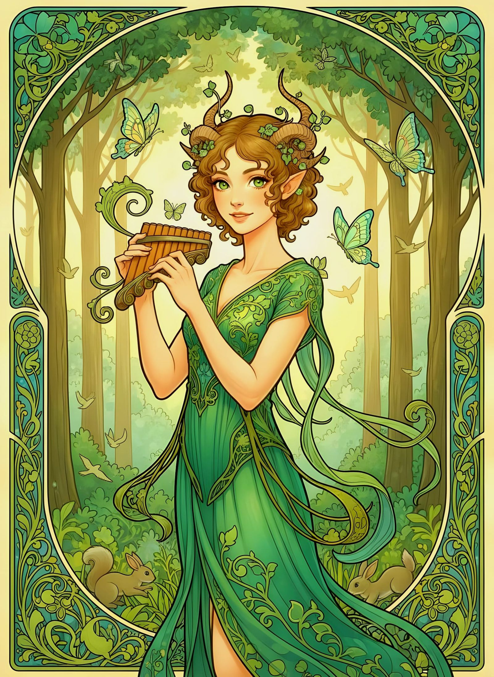 Art Nouveau Faun Playing Panpipes in Verdant Forest