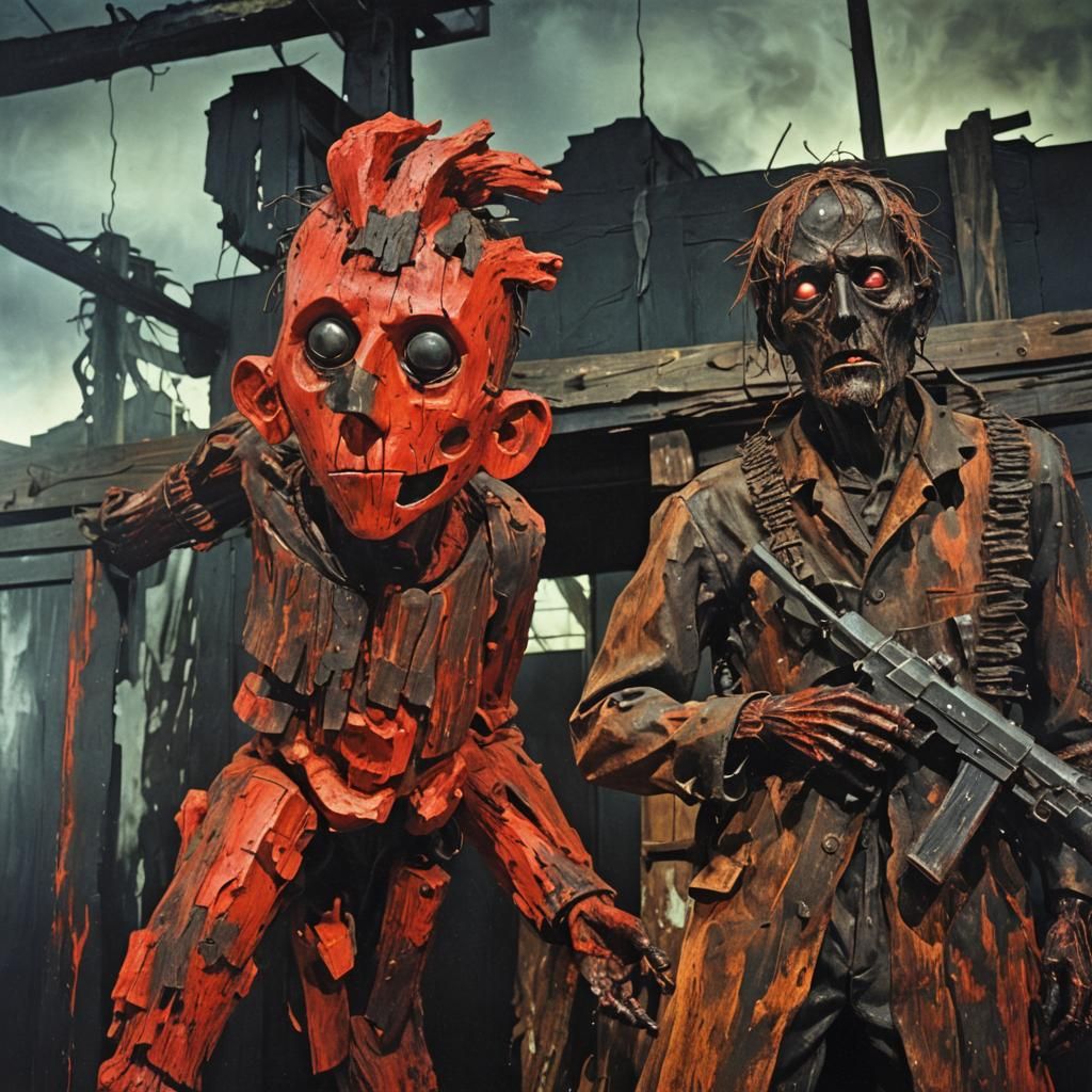 Post-Apocalyptic Wooden Figure in Surreal Setting