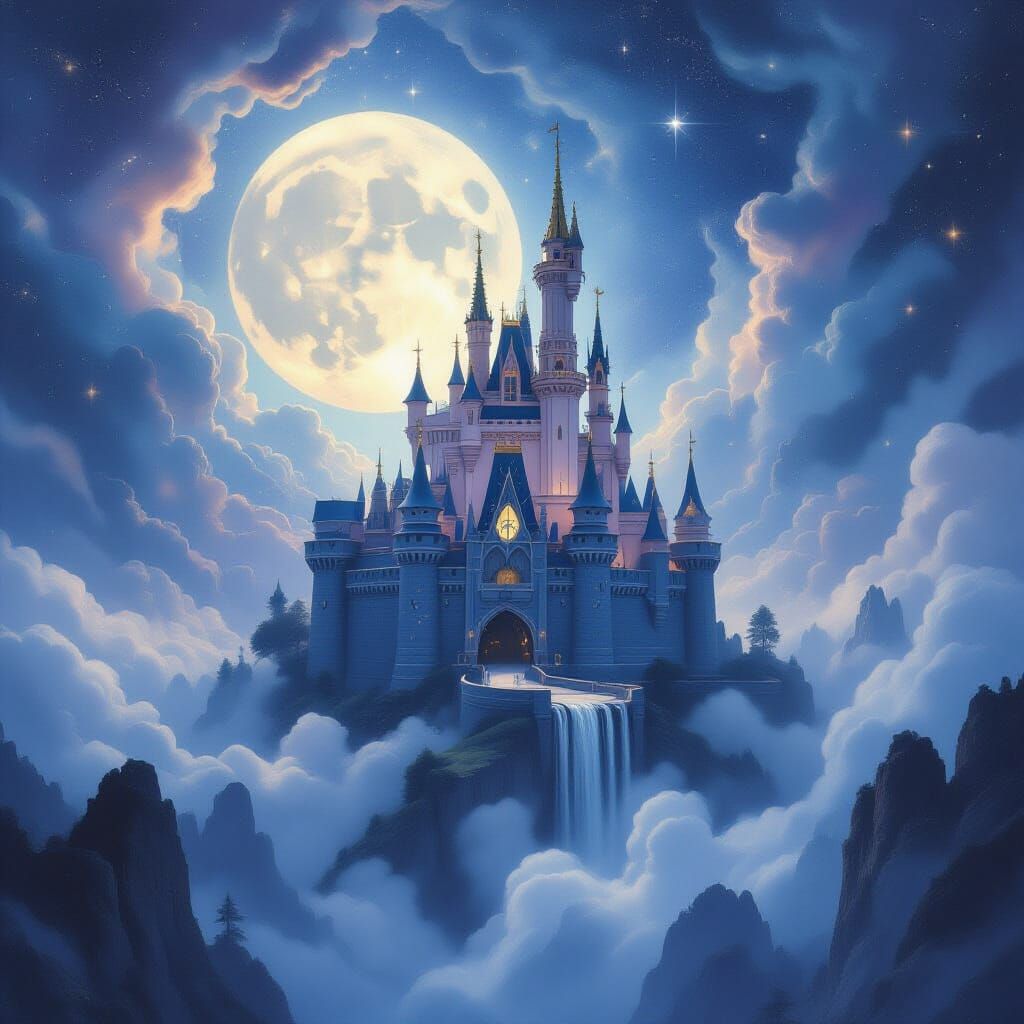 Moonlight Castle on Floating Island in Cosmic Nebula