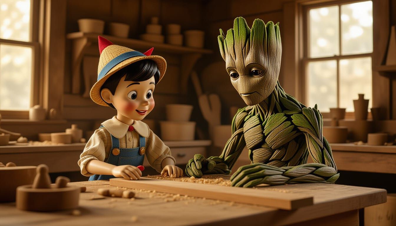 Pinocchio and Groot in Rustic Woodworking Shop