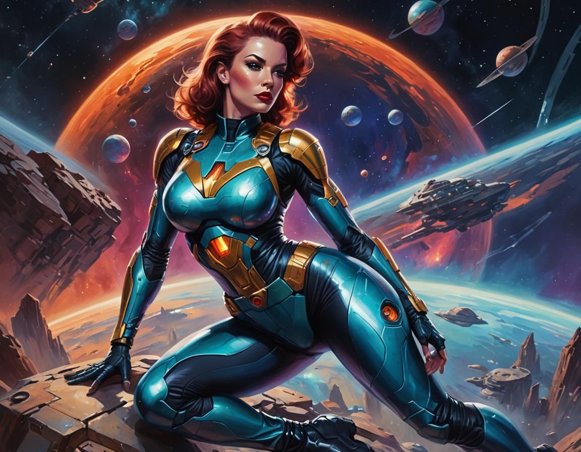 Sci-Fi Pinup Woman in Space Opera Solarpunk Style