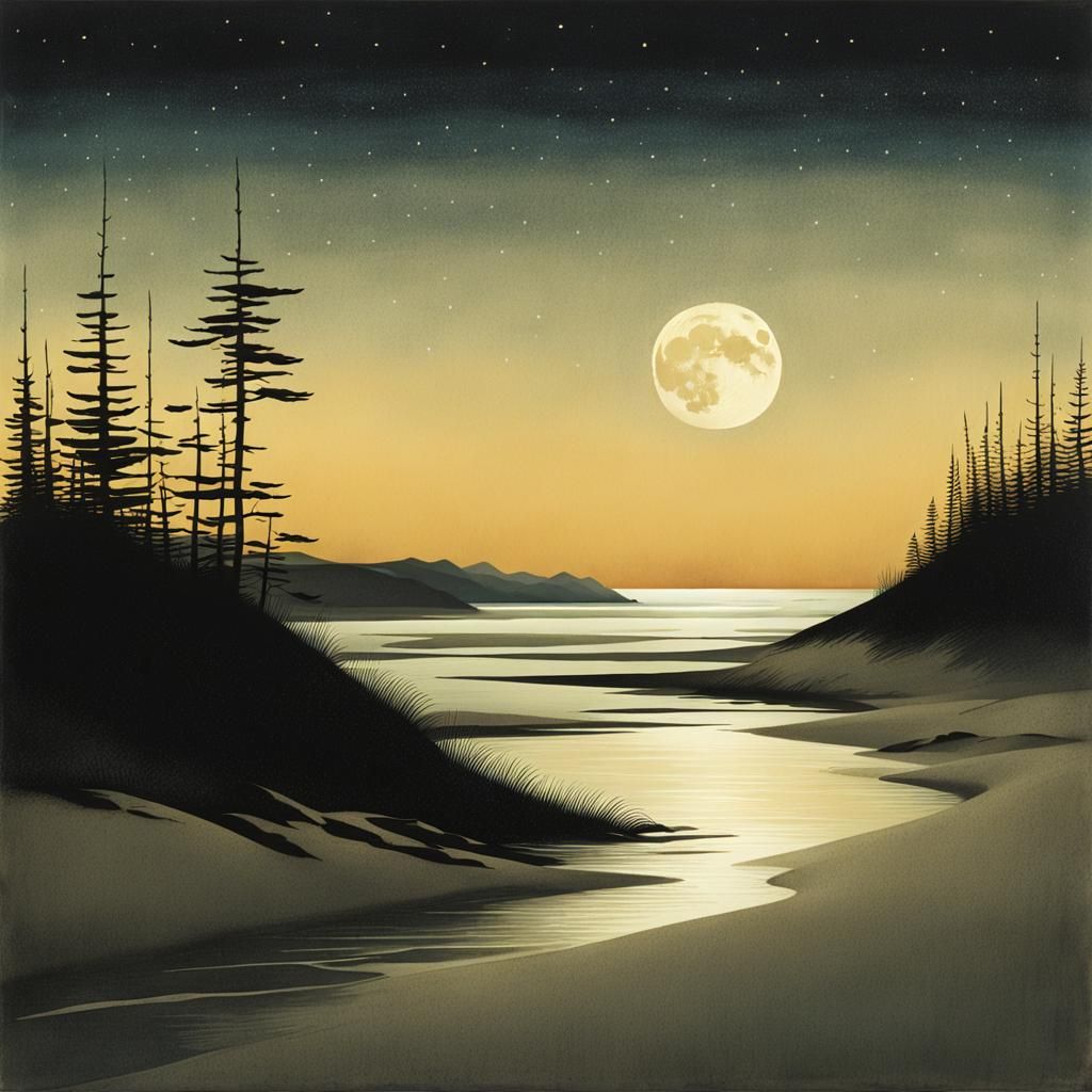 Moonlit Ocean Dunes in Children's Illustration Style