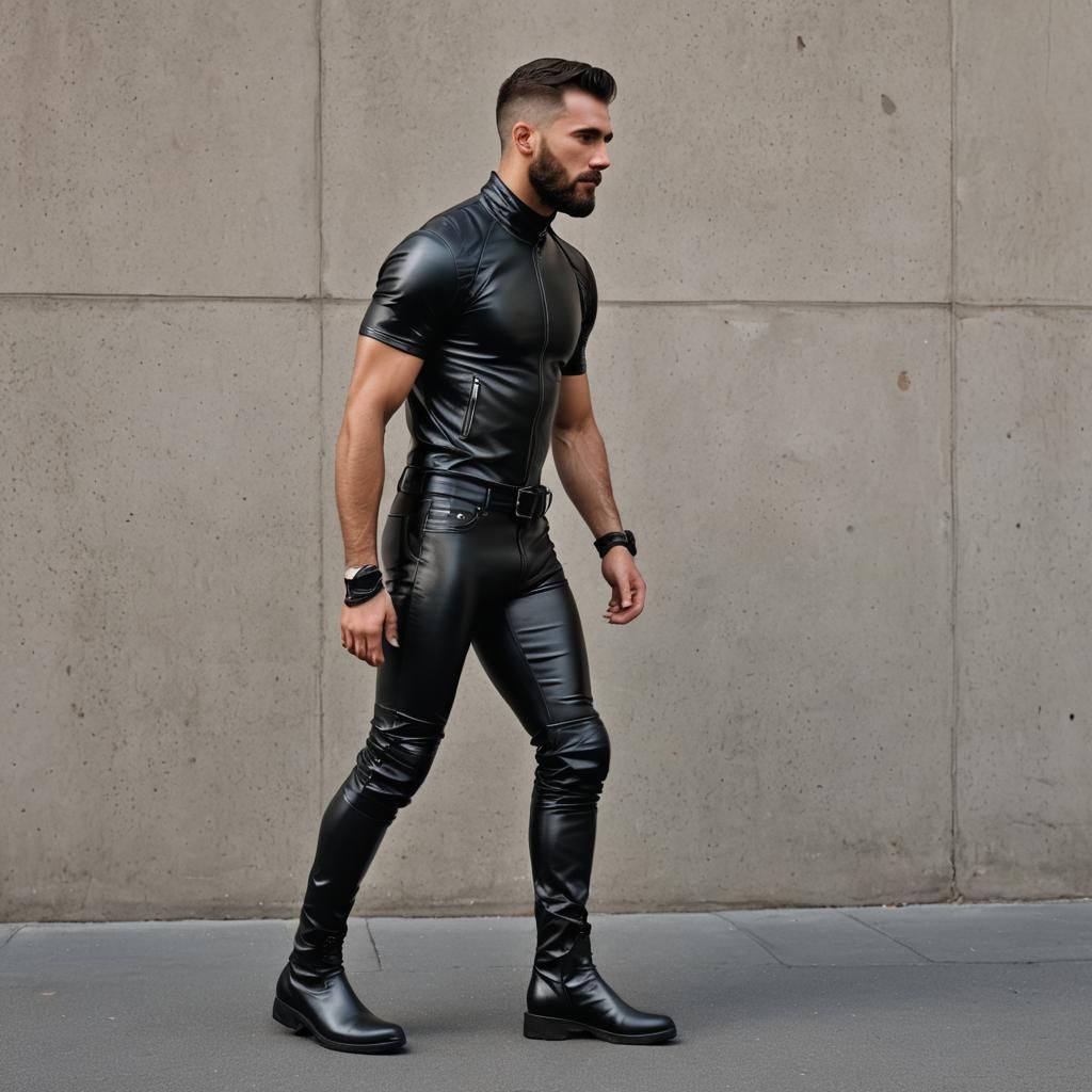 Athletic Man in Black Leather Outfit