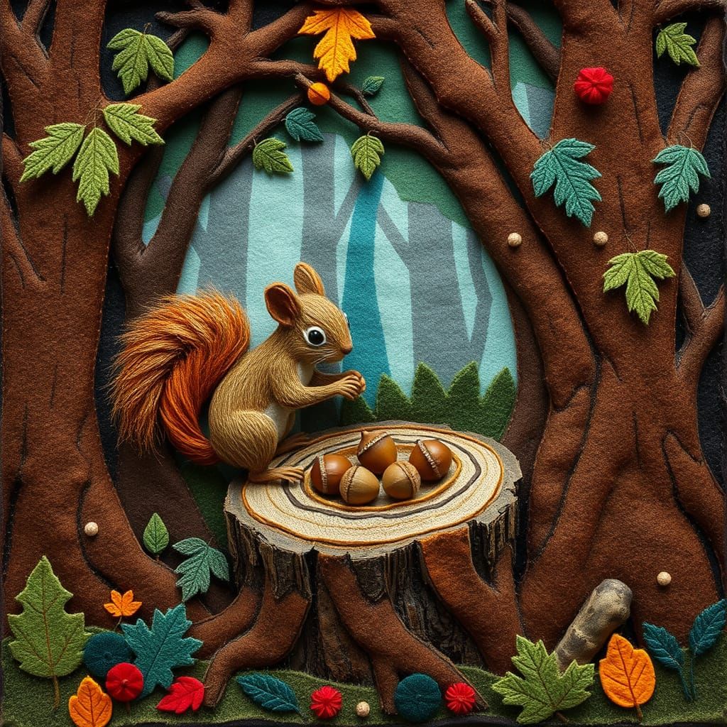 Squirrel in Felt Forest Inspired by Folk Art