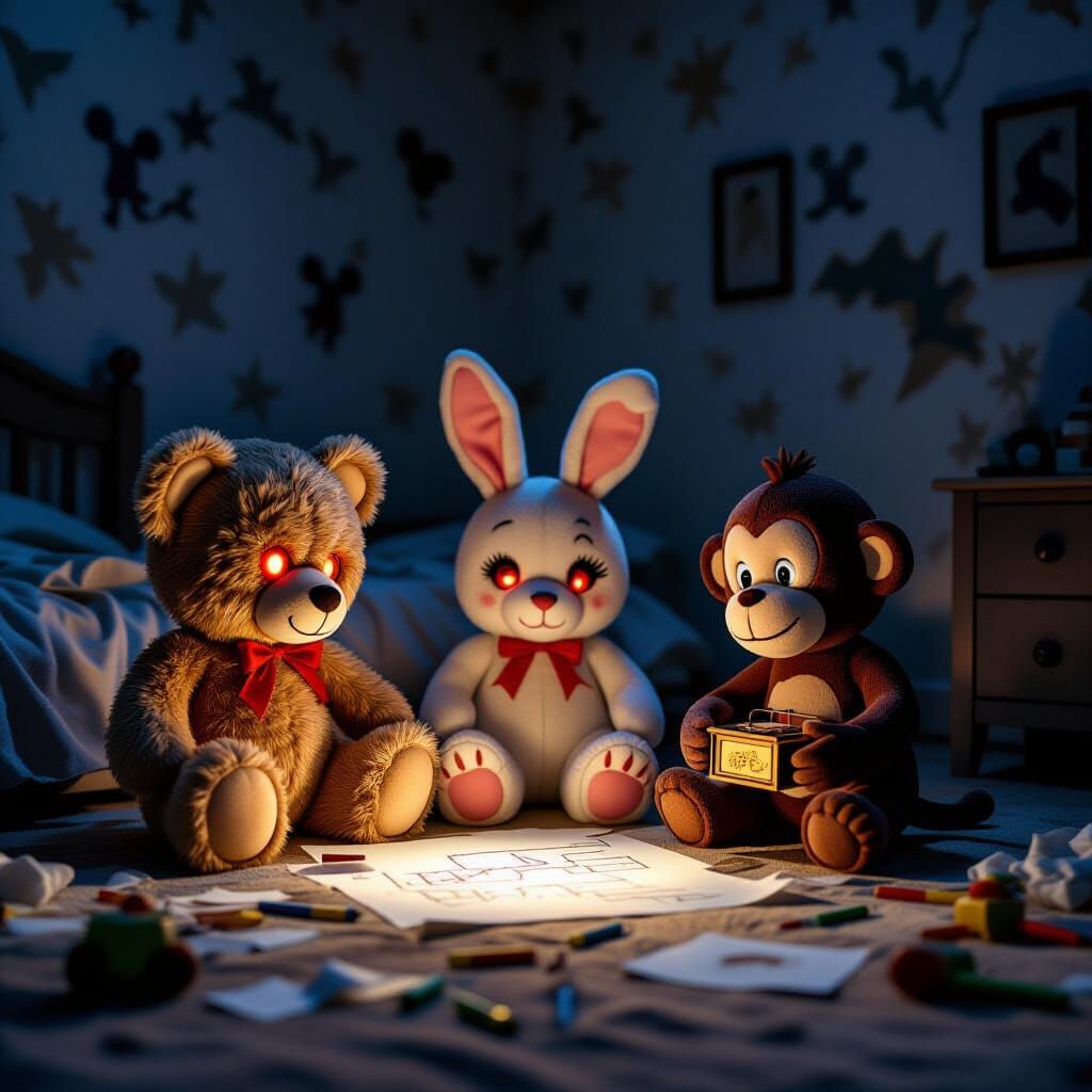 Mischievous Plush Animals Plotting in Eerie Bedroom
