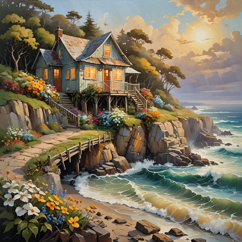 Quaint Beach Cottage Oil Painting in Impressionist Style