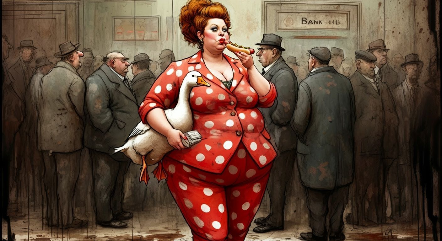 Comical Woman with Goose, in Expressionist Style