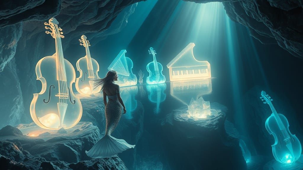 Ethereal Mermaid in Underwater Crystal Cave