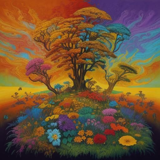 Hippopotamus Dances in Psychedelic Meadow as Expressionist P...