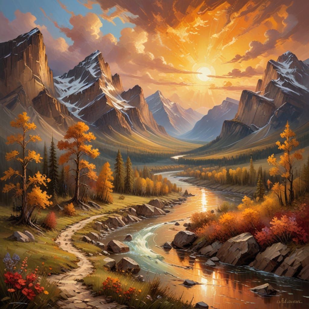 Majestic River Valley Viewpoint in Impasto Oil Style