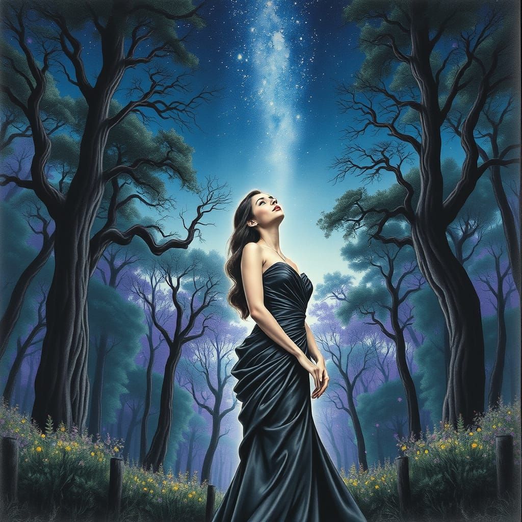 Serene Woman Under Star-Filled Night Sky in Hyperdetailed Ch...